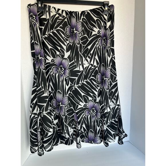 Laura Scott Woman Chiffon Purple Floral Black White Ruffle Edge Skirt Sz 16W - Picture 1 of 5